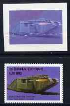 Sierra Leone 1987 British Mk 1 Tank from Milestone of Transportation set, SG 1061 imperf proof in magenta and blue only on Cromalin plastic card (plus issued stamp) from ..., stamps on 