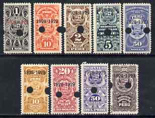 Peru 1928 nine Consular Revenue values 10c to 100sol optd 1928-1929 unmounted mint proofs with Waterlow & Sons security punch holes through each, stamps on 