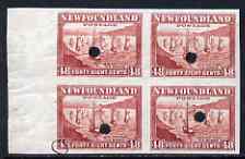 Newfoundland 1941-44 KG6 Leaving for the Banks 48c imperf marginal Proof block of 4 each stamp with Waterlow security puncture, one with variety high-lighted by checker f..., stamps on , stamps on  kg6 , stamps on 