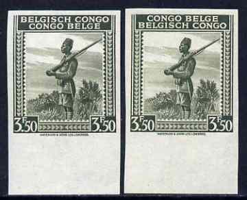 Belgian Congo 1942 Askari Sentry 3f50 olive two imperf marginal singles with bi-lingual inscription reversed, mounted mint, stamps on , stamps on  stamps on belgian congo 1942 askari sentry 3f50 olive two imperf marginal singles with bi-lingual inscription reversed, stamps on  stamps on  mounted mint