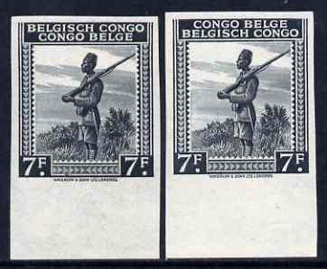 Belgian Congo 1942 Askari Sentry 7f black two imperf marginal singles with bi-lingual inscription reversed, mounted mint, stamps on 