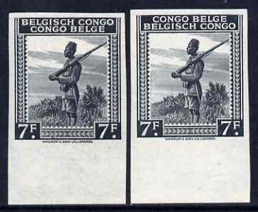 Belgian Congo 1942 Askari Sentry 7f black two imperf marginal singles with bi-lingual inscription reversed, mounted mint