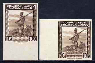 Belgian Congo 1942 Askari Sentry 10f brown two imperf marginal singles with bi-lingual inscription reversed, mounted mint, stamps on 