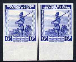 Belgian Congo 1942 Askari Sentry 6f blue two imperf marginal singles with bi-lingual inscription reversed, mounted mint