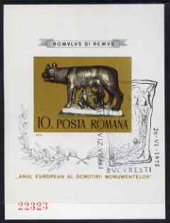 Rumania 1975 European Architectural Heritage Year imperf m/sheet (Romulus, Remus & Wolf) from limited printing fine used commem cancel Mi Bl 122  , stamps on 