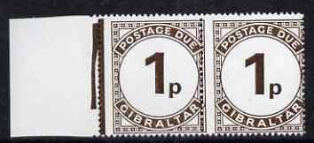 Gibraltar 1971 Postage Dues 1p sepia unmounted mint marginal pair with vert perfs misplaced, SG D5var, stamps on , stamps on  stamps on gibraltar 1971 postage dues 1p sepia unmounted mint marginal pair with vert perfs misplaced, stamps on  stamps on  sg d5var