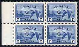 Canada 1950-52 Official 7c Canada Geese opt'd 'G' marginal block of 4 mtd mint, SG O190, stamps on , stamps on  stamps on canada 1950-52 official 7c canada geese opt'd 'g' marginal block of 4 mtd mint, stamps on  stamps on  sg o190