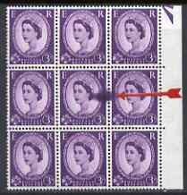 Great Britain 1960-67 Wilding 3d Crowns phosphor marginal block of 9 with large ink blot affecting 2 stamps, unmounted mint, stamps on , stamps on  stamps on great britain 1960-67 wilding 3d crowns phosphor marginal block of 9 with large ink blot affecting 2 stamps, stamps on  stamps on  unmounted mint