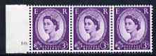 Great Britain 1955-58 Wilding 3d Edward wmk marginal strip of 3, one stamp with Flaw on left edge of central Cross (cyl 10 dot R18/3) unmounted mint, stamps on 