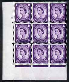 Great Britain 1958-65 Wilding Crowns 3d corner cyl block of 9 (82 no dot) with paper wrinkle caused between the printing and perforating processes, resulting in elongated..., stamps on 