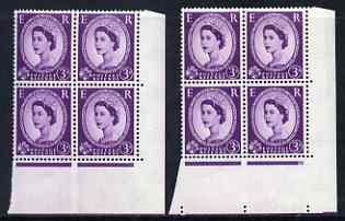 Great Britain 1958-65 Wilding Crowns 3d two corner blocks of 4 showing Phantom R & retouch, unmounted mint (retouch is mtd in margin only) SG spec S70h & i, stamps on , stamps on  stamps on great britain 1958-65 wilding crowns 3d two corner blocks of 4 showing phantom r & retouch, stamps on  stamps on  unmounted mint (retouch is mtd in margin only) sg spec s70h & i
