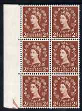 Great Britain 1955-58 Wilding 2d Edward wmk marginal block of 6, one stamp with white flaw in diadem (ex cyl 9 dot R8/1) mtd mint, stamps on 
