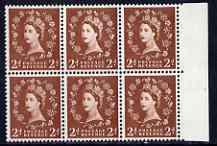 Great Britain 1958-65 Wilding Crowns 2d marginal block of 6, one stamp showing white face & diadem (ex cyl 25 no dot R4/11) unmounted mint, unlisted by a very good variet..., stamps on 