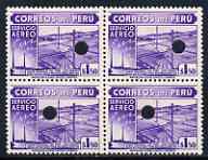 Peru 1938 Pictorial 1s50 (Radio Station) perforated proof  block of 4 in near issued colour, eash stamp with Waterlows security puncture, stamps on 