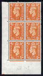 Great Britain 1950-52 KG6 1/2d pale orange corner block of 6 with cyl 155 dot unmounted mint cat \A315, stamps on , stamps on  kg6 , stamps on 