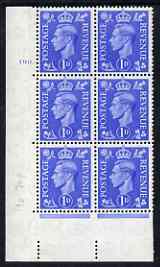 Great Britain 1950-52 KG6 1d light ultramarine corner block of 6 with cyl 190 dot unmounted mint cat \A315, stamps on , stamps on  kg6 , stamps on 
