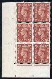 Great Britain 1950-52 KG6 2d pale red-brown corner block of 6 with cyl 72 no dot unmounted mint cat \A315, stamps on , stamps on  kg6 , stamps on 
