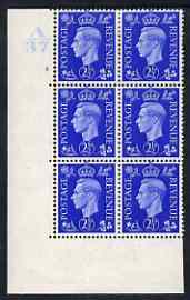 Great Britain 1937-47 KG6 2.5d ultramarine corner block of 6 with cyl 2 no dot (A37 with scratch on temple variety) 2 stamps mounted cat 0, stamps on , stamps on  kg6 , stamps on 