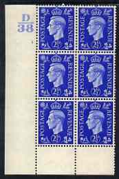 Great Britain 1937-47 KG6 2.5d ultramarine corner block of 6 with cyl 2 no dot (D38 perf type 6) 2 stamps mounted cat A330, stamps on , stamps on  stamps on , stamps on  stamps on  kg6 , stamps on  stamps on 