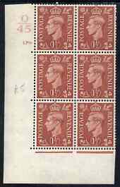 Great Britain 1941-42 1.5d pale red-brown corner block of 6 with cyl 179 no dot (Q45) unmounted mint cat \A315, stamps on 