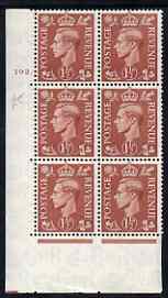 Great Britain 1941-42 1.5d pale red-brown corner block of 6 with cyl 192 dot unmounted mint cat \A315, stamps on 