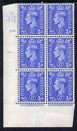 Great Britain 1941-42 2.5d light ultramarine corner block of 6 with cyl 206 dot (S46) mounted mint , stamps on 