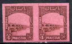 Pakistan 1948-56 Lloyds Barrage 4a imperf proof pair on pink ungummed safety paper, as SG33, stamps on 