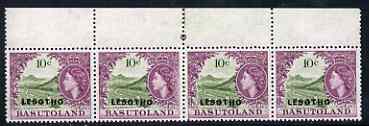 Lesotho 1966 wmk Script 10c unmounted mint strip of 4, one stamp with weak entry (R1/3) SG 116Avar, stamps on 