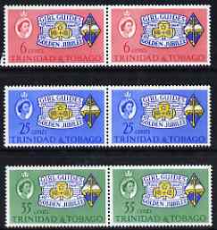 Trinidad & Tobago 1964 Girl Guides set of 3 in unmounted mint horiz pairs each with one stamp showing line through LD, stamps on , stamps on  stamps on trinidad & tobago 1964 girl guides set of 3 in unmounted mint horiz pairs each with one stamp showing line through ld