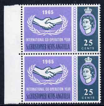St Kitts-Nevis 1965 Int Co-operation Year 25c unmounted mint pair, one stamp with 'Broken Y in Year' variety, stamps on communications, stamps on  icy , stamps on 