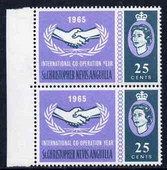 St Kitts-Nevis 1965 Int Co-operation Year 25c unmounted mint pair, one stamp with Broken Y in Year variety, stamps on communications, stamps on  icy , stamps on 