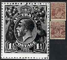 Australia 1918-23 KG5 1.5d black-brown two used singles showing early and worn states of pre-substituted cliche (position 16 right pane electra X) plus photograph, stamps on , stamps on  stamps on , stamps on  stamps on  kg5 , stamps on  stamps on 