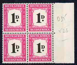 South Africa 1948-49 Postage Due 1d marginal block of 4 unmounted mint, SG D35, stamps on , stamps on  stamps on south africa 1948-49 postage due 1d marginal block of 4 unmounted mint, stamps on  stamps on  sg d35