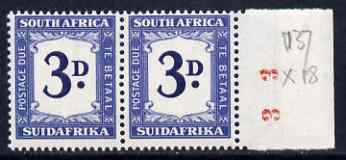 South Africa 1948-49 Postage Due 3d unmounted mint, SG D37, stamps on 