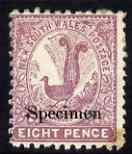 New South Wales 1888-89 Lyrebird 8d perf 11x12 overprinted SPECIMEN in black some original gum, SG 257s, stamps on birds