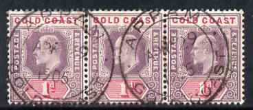 Gold Coast 1902 KE7 Crown CA 1d horiz strip of 3 with two strikes of APPAM double ring cds of AP 29 1905 (ex Ken McRae) SG 39, stamps on 