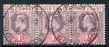Gold Coast 1902 KE7 Crown CA 1d horiz strip of 3 with two strikes of APPAM double ring cds of AP 29 1905 (ex Ken McRae) SG 39, stamps on , stamps on  stamps on gold coast 1902 ke7 crown ca 1d horiz strip of 3 with two strikes of appam double ring cds of ap 29 1905 (ex ken mcrae) sg 39