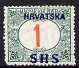 Yugoslavia - Croatia 1918 Postage Due 1f with Hrvatska SHS opt mounted mint but rounded corner perf SG D85, stamps on , stamps on  stamps on yugoslavia - croatia 1918 postage due 1f with hrvatska shs opt mounted mint but rounded corner perf sg d85