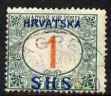 Yugoslavia - Croatia 1918 Postage Due 1f with Hrvatska SHS opt good used SG D85, stamps on , stamps on  stamps on yugoslavia - croatia 1918 postage due 1f with hrvatska shs opt good used sg d85
