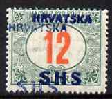Yugoslavia - Croatia 1918 Postage Due 12f with Hrvatska SHS opt doubled mounted mint SG D88var, stamps on , stamps on  stamps on yugoslavia - croatia 1918 postage due 12f with hrvatska shs opt doubled mounted mint sg d88var