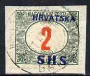 Yugoslavia - Croatia 1918 Postage Due 2f with Hrvatska SHS opt fine cds used on piece SG D86, stamps on , stamps on  stamps on yugoslavia - croatia 1918 postage due 2f with hrvatska shs opt fine cds used on piece sg d86