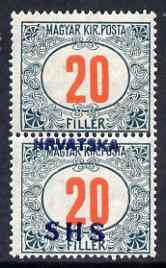 Yugoslavia - Croatia 1918 Postage Due 20f with Hrvatska SHS opt mounted mint pair, one stamp with opt omitted SG D90var, stamps on , stamps on  stamps on yugoslavia - croatia 1918 postage due 20f with hrvatska shs opt mounted mint pair, stamps on  stamps on  one stamp with opt omitted sg d90var