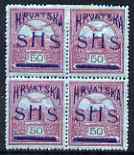 Yugoslavia - Croatia 1918 Turil 50f with Hrvatska SHS opt mounted mint block of 4 SG 54, stamps on , stamps on  stamps on yugoslavia - croatia 1918 turil 50f with hrvatska shs opt mounted mint block of 4 sg 54