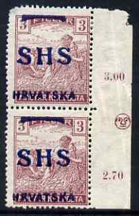 Yugoslavia - Croatia 1918 Harvesters 3f with Hrvatska SHS opt vert pair, one stamp with extended K variety (other stamp with damaged corner) mounted mint SG 56var, stamps on 