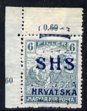 Yugoslavia - Croatia 1918 Harvesters 6f with Hrvatska SHS opt doubled (second impression very feint) mounted mint corner single SG 58var, stamps on , stamps on  stamps on yugoslavia - croatia 1918 harvesters 6f with hrvatska shs opt doubled (second impression very feint) mounted mint corner single sg 58var