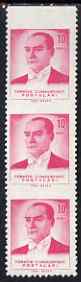 Turkey 1961-62 Ataturk 10k magenta vert strip of 3 with horiz perfs omitted unmounted mint (SG 1949var), stamps on , stamps on dictators.