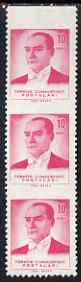 Turkey 1961-62 Ataturk 10k magenta vert strip of 3 with horiz perfs omitted unmounted mint (SG 1949var), stamps on , stamps on  stamps on   , stamps on  stamps on dictators.