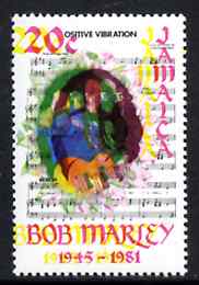 Jamaica 1981 Bob Marley 20c with superb colour shift of yellow & blue resulting in double portrait, a spectacular variety unmounted mint SG 533var, stamps on personalities, stamps on music, stamps on pops, stamps on rock