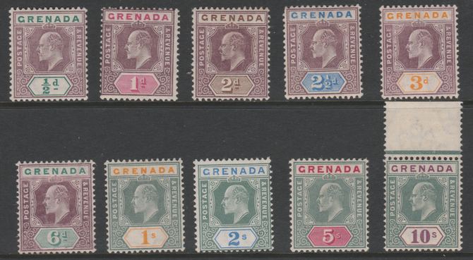 Grenada 1902-06 KE7 set of 10 (1/2d to 10s) with mixed watermarks (0.5d, 2d & 2.5d are CA, remainder MCA) fine mounted mint, the 10s being unmounted, SG57-76 cat £350 as..., stamps on , stamps on  kg6 , stamps on 
