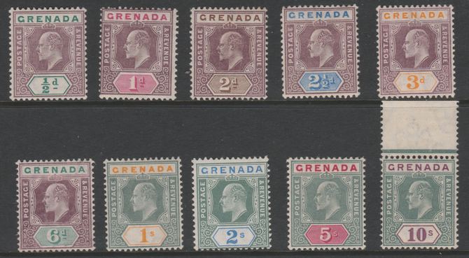 Grenada 1902-06 KE7 set of 10 (1/2d to 10s) with mixed watermarks (0.5d, 2d & 2.5d are CA, remainder MCA) fine mounted mint, the 10s being unmounted, SG57-76 cat 350 as ..., stamps on , stamps on  kg6 , stamps on 